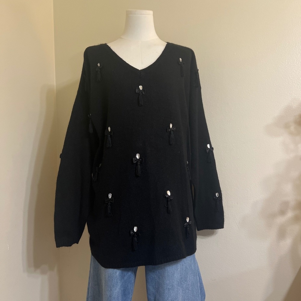 Carole Little Black Silk Angora Blend V-Neck Sweater Rhinestone Bow Tassels L